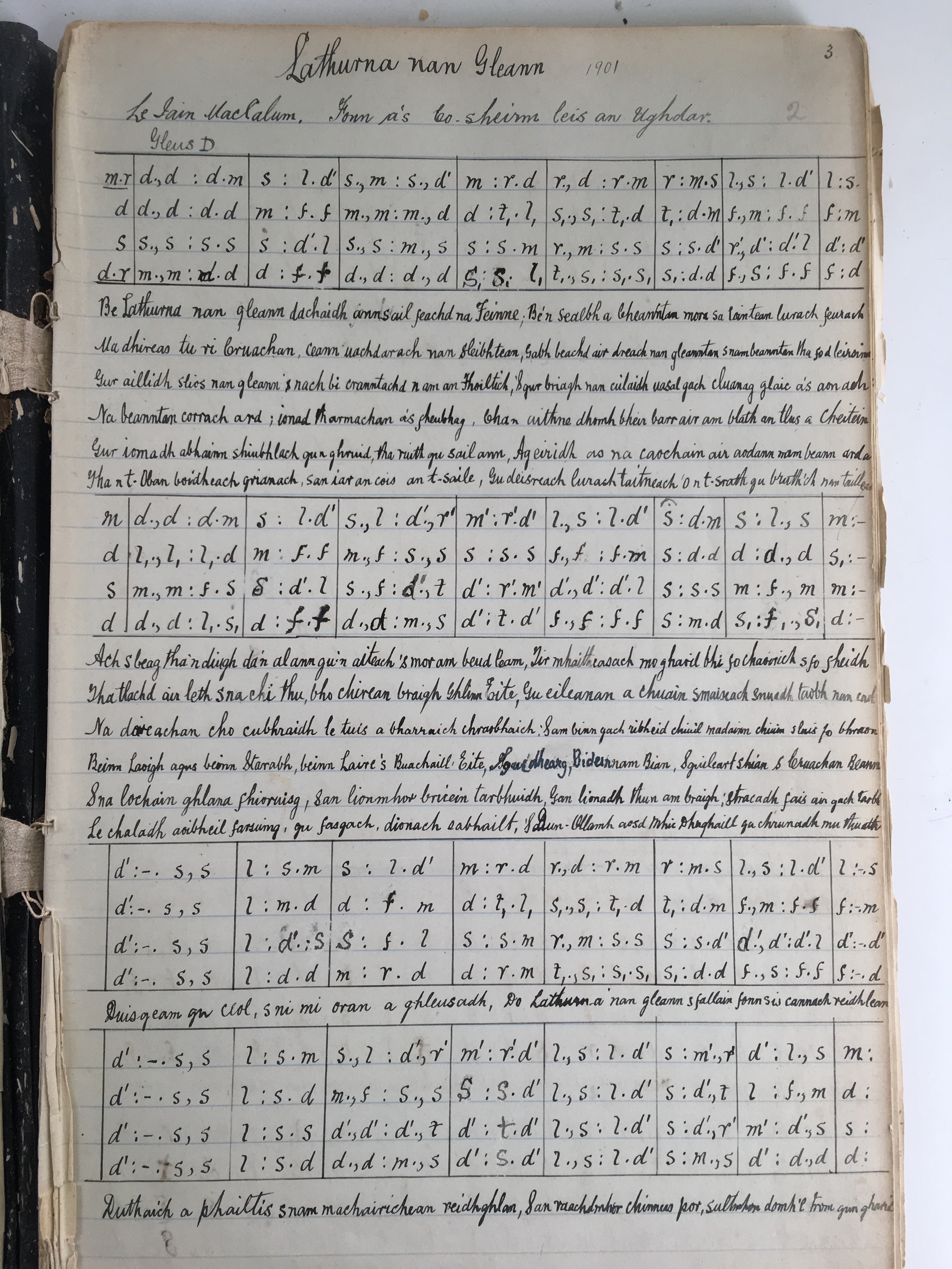 Photo of the original handwritten composition of Latharna nan Gleann